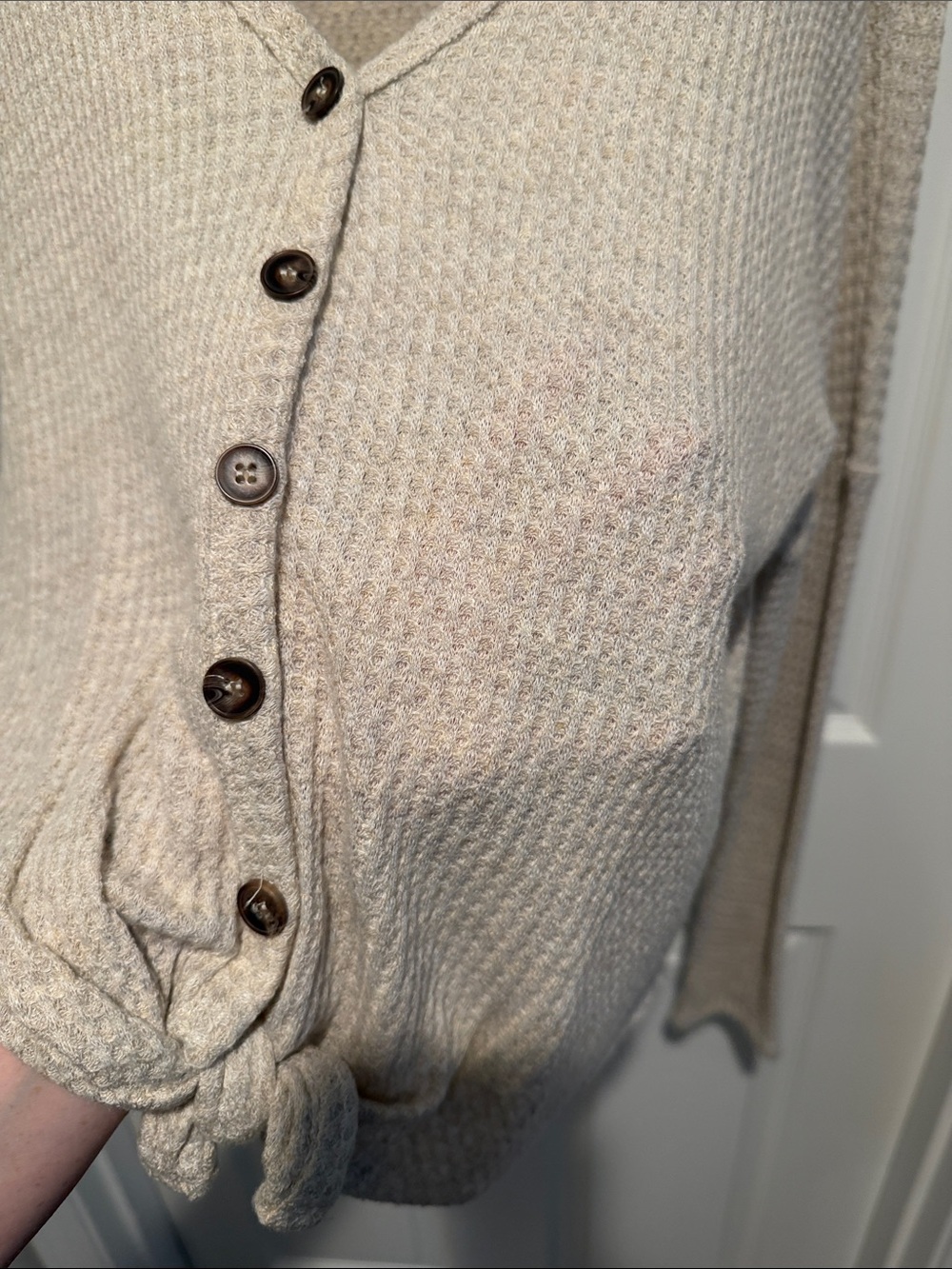 Light Beige Knit Button-Front Women’s Sweater with Front Tie - Picture 5 of 10